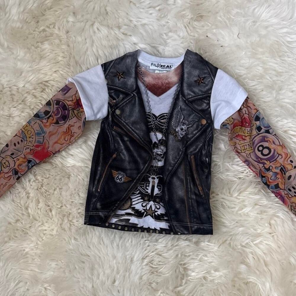 Faux Real Biker Tattoo Sleeve Long Sleeve T-Shirt Costume size xs 2/4
